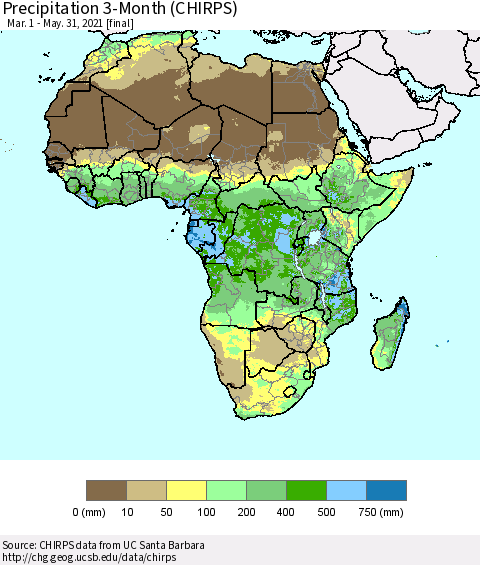 Africa Precipitation 3-Month (CHIRPS) Thematic Map For 3/1/2021 - 5/31/2021