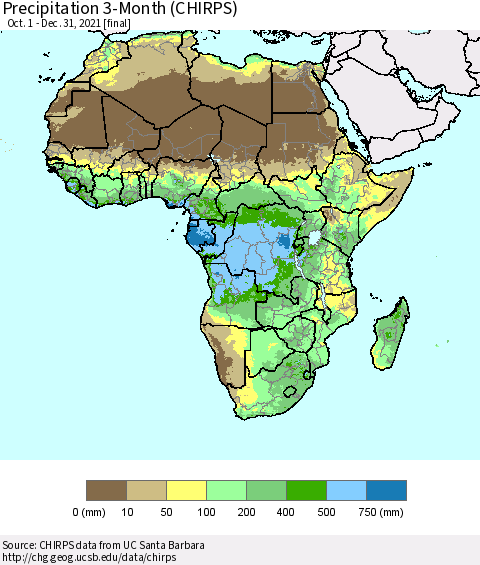 Africa Precipitation 3-Month (CHIRPS) Thematic Map For 10/1/2021 - 12/31/2021
