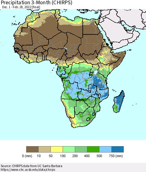 Africa Precipitation 3-Month (CHIRPS) Thematic Map For 12/1/2021 - 2/28/2022