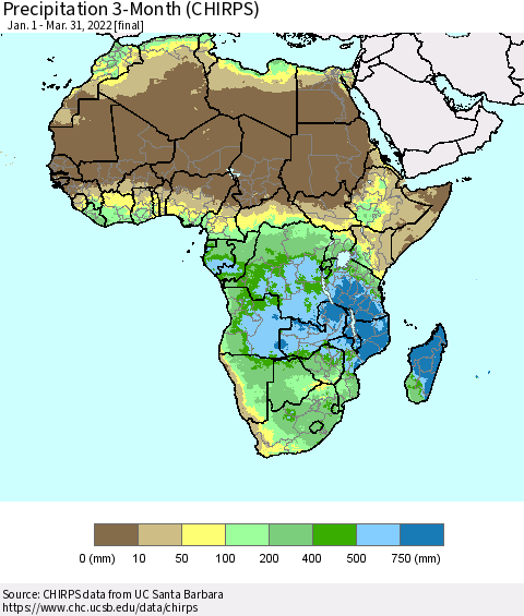 Africa Precipitation 3-Month (CHIRPS) Thematic Map For 1/1/2022 - 3/31/2022