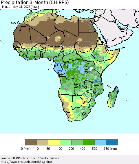Africa Precipitation 3-Month (CHIRPS) Thematic Map For 3/1/2022 - 5/31/2022