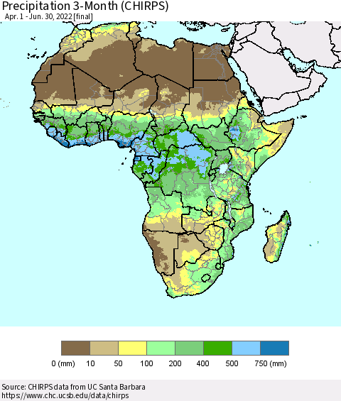 Africa Precipitation 3-Month (CHIRPS) Thematic Map For 4/1/2022 - 6/30/2022