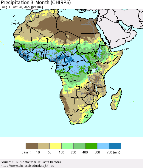 Africa Precipitation 3-Month (CHIRPS) Thematic Map For 8/1/2022 - 10/31/2022