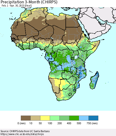 Africa Precipitation 3-Month (CHIRPS) Thematic Map For 2/1/2023 - 4/30/2023