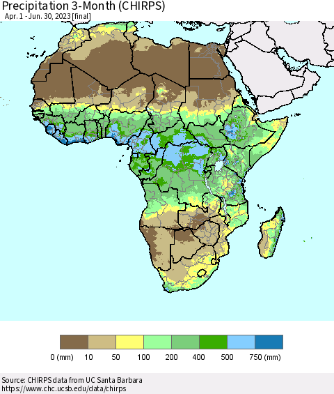 Africa Precipitation 3-Month (CHIRPS) Thematic Map For 4/1/2023 - 6/30/2023