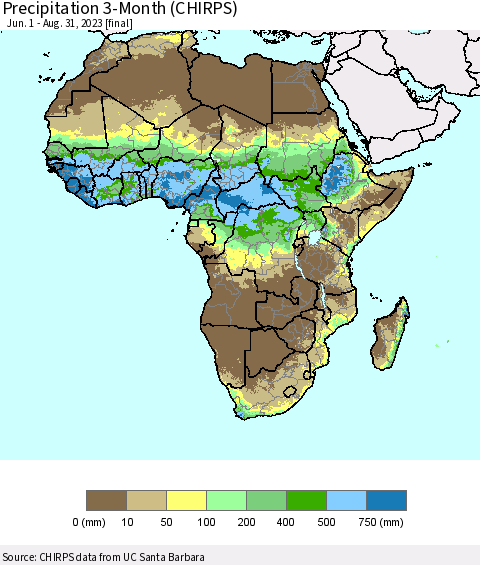 Africa Precipitation 3-Month (CHIRPS) Thematic Map For 6/1/2023 - 8/31/2023