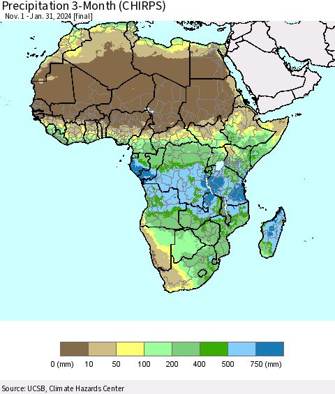 Africa Precipitation 3-Month (CHIRPS) Thematic Map For 11/1/2023 - 1/31/2024