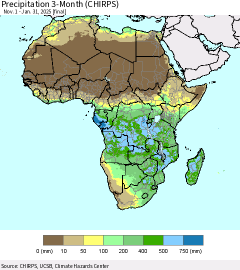 Africa Precipitation 3-Month (CHIRPS) Thematic Map For 11/1/2024 - 1/31/2025