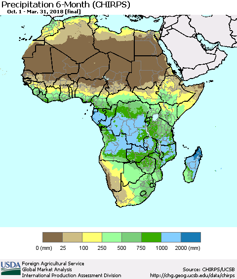 Africa Precipitation 6-Month (CHIRPS) Thematic Map For 10/1/2017 - 3/31/2018
