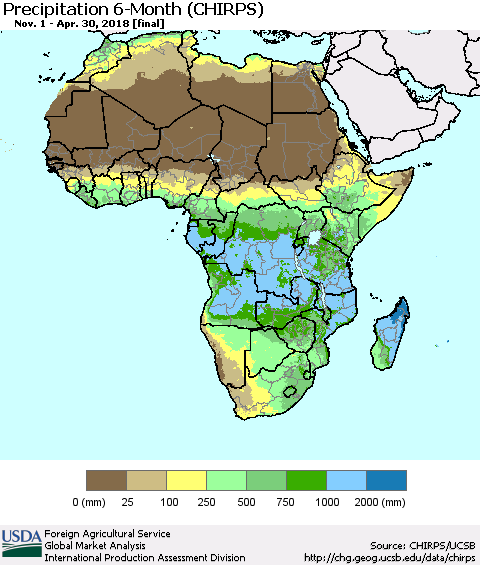 Africa Precipitation 6-Month (CHIRPS) Thematic Map For 11/1/2017 - 4/30/2018