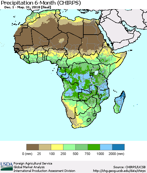 Africa Precipitation 6-Month (CHIRPS) Thematic Map For 12/1/2017 - 5/31/2018
