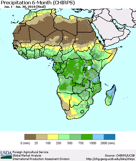 Africa Precipitation 6-Month (CHIRPS) Thematic Map For 1/1/2018 - 6/30/2018