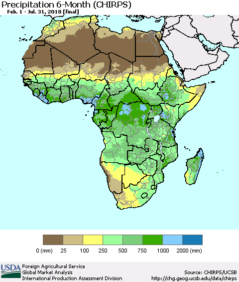 Africa Precipitation 6-Month (CHIRPS) Thematic Map For 2/1/2018 - 7/31/2018