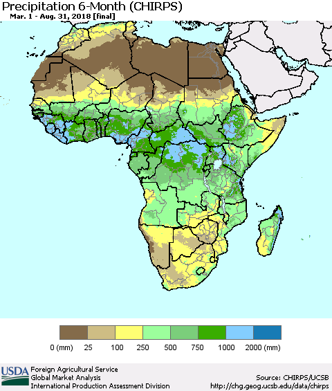Africa Precipitation 6-Month (CHIRPS) Thematic Map For 3/1/2018 - 8/31/2018