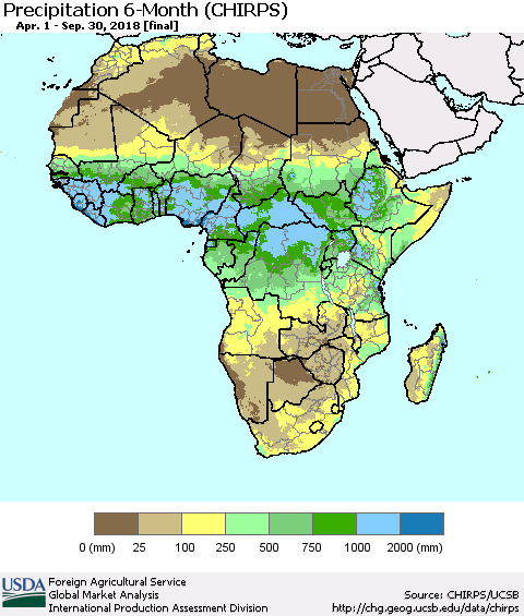 Africa Precipitation 6-Month (CHIRPS) Thematic Map For 4/1/2018 - 9/30/2018