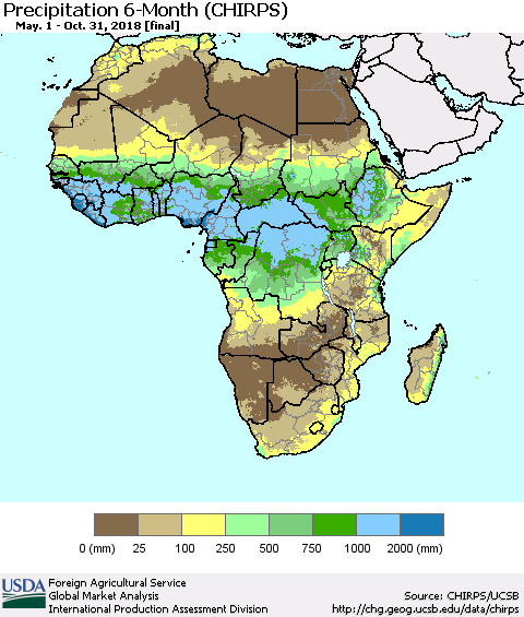 Africa Precipitation 6-Month (CHIRPS) Thematic Map For 5/1/2018 - 10/31/2018