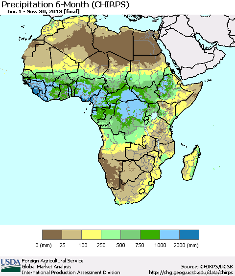 Africa Precipitation 6-Month (CHIRPS) Thematic Map For 6/1/2018 - 11/30/2018