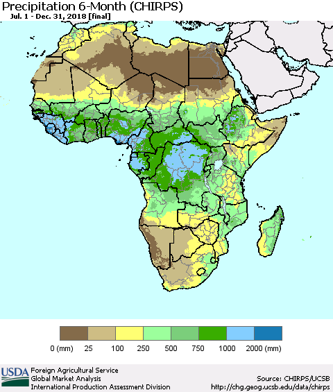 Africa Precipitation 6-Month (CHIRPS) Thematic Map For 7/1/2018 - 12/31/2018