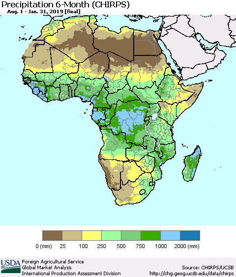 Africa Precipitation 6-Month (CHIRPS) Thematic Map For 8/1/2018 - 1/31/2019