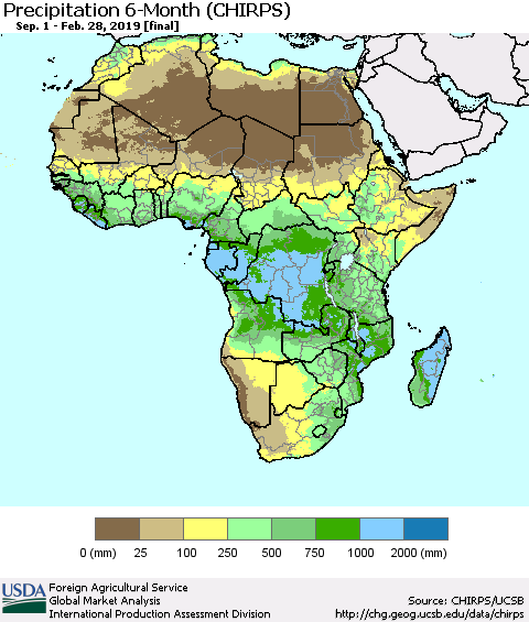 Africa Precipitation 6-Month (CHIRPS) Thematic Map For 9/1/2018 - 2/28/2019