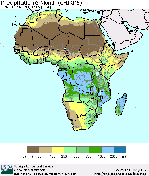 Africa Precipitation 6-Month (CHIRPS) Thematic Map For 10/1/2018 - 3/31/2019