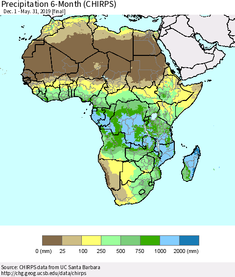 Africa Precipitation 6-Month (CHIRPS) Thematic Map For 12/1/2018 - 5/31/2019