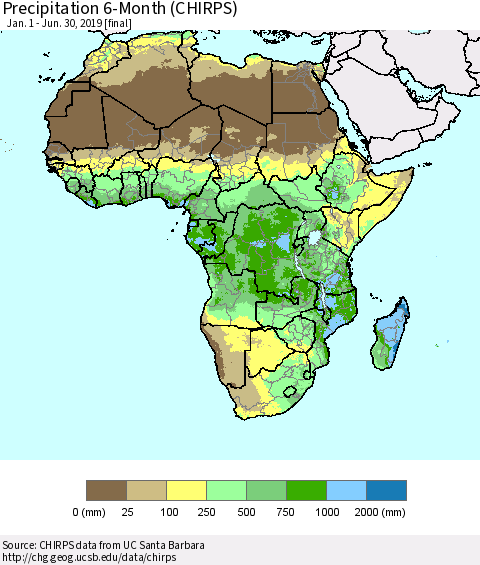 Africa Precipitation 6-Month (CHIRPS) Thematic Map For 1/1/2019 - 6/30/2019