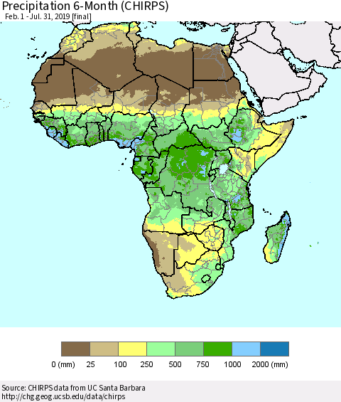 Africa Precipitation 6-Month (CHIRPS) Thematic Map For 2/1/2019 - 7/31/2019