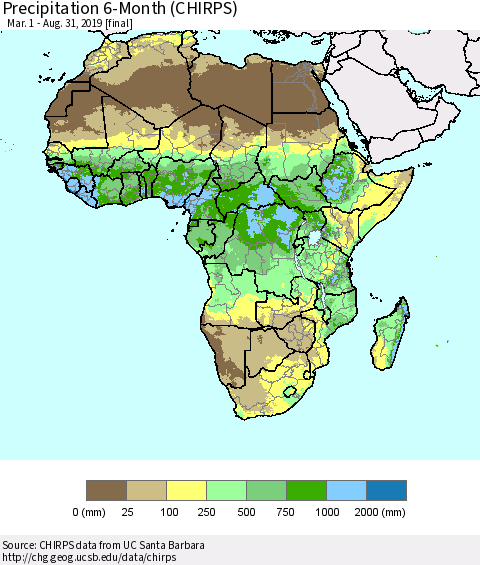 Africa Precipitation 6-Month (CHIRPS) Thematic Map For 3/1/2019 - 8/31/2019
