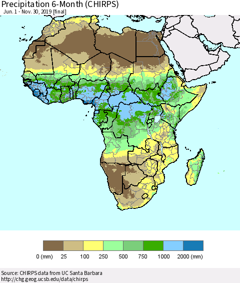 Africa Precipitation 6-Month (CHIRPS) Thematic Map For 6/1/2019 - 11/30/2019