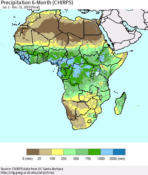 Africa Precipitation 6-Month (CHIRPS) Thematic Map For 7/1/2019 - 12/31/2019