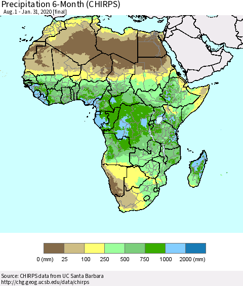 Africa Precipitation 6-Month (CHIRPS) Thematic Map For 8/1/2019 - 1/31/2020