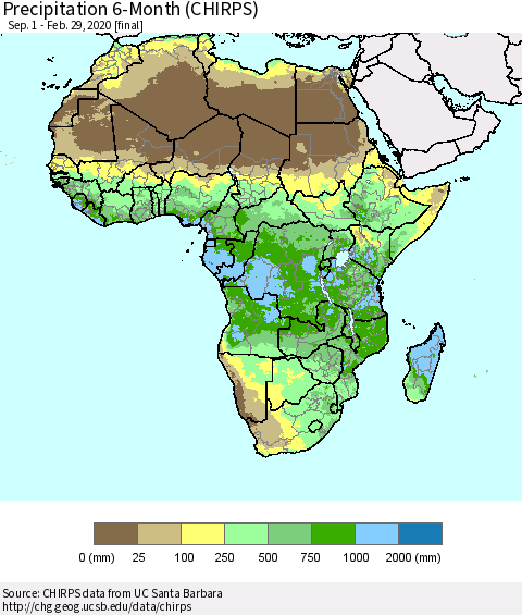 Africa Precipitation 6-Month (CHIRPS) Thematic Map For 9/1/2019 - 2/29/2020