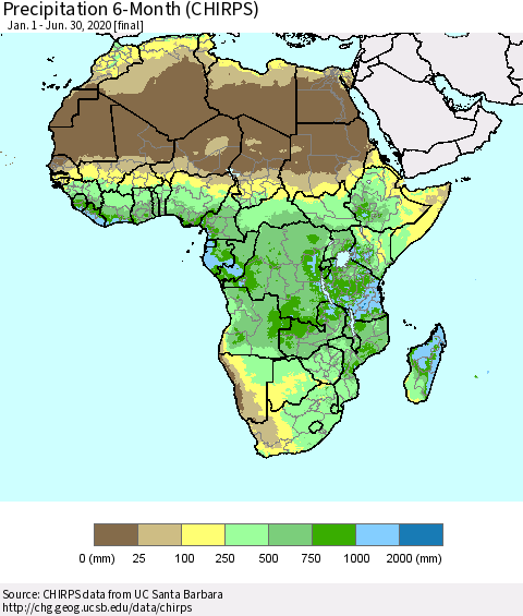 Africa Precipitation 6-Month (CHIRPS) Thematic Map For 1/1/2020 - 6/30/2020