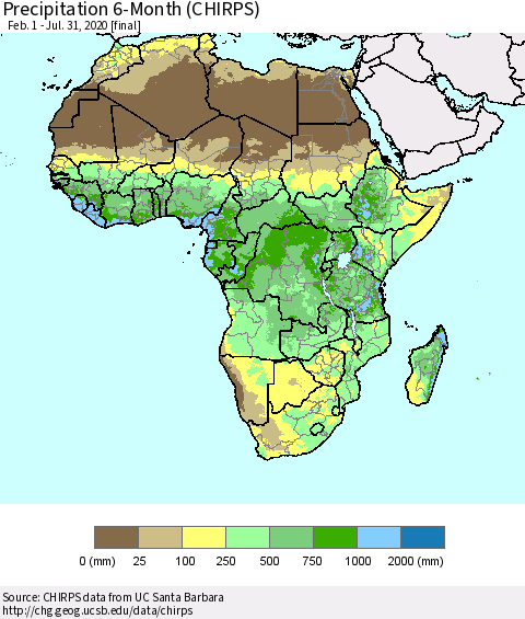 Africa Precipitation 6-Month (CHIRPS) Thematic Map For 2/1/2020 - 7/31/2020