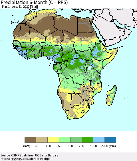 Africa Precipitation 6-Month (CHIRPS) Thematic Map For 3/1/2020 - 8/31/2020