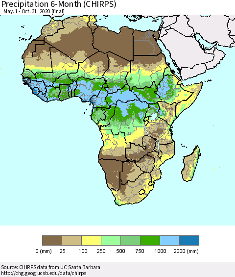 Africa Precipitation 6-Month (CHIRPS) Thematic Map For 5/1/2020 - 10/31/2020