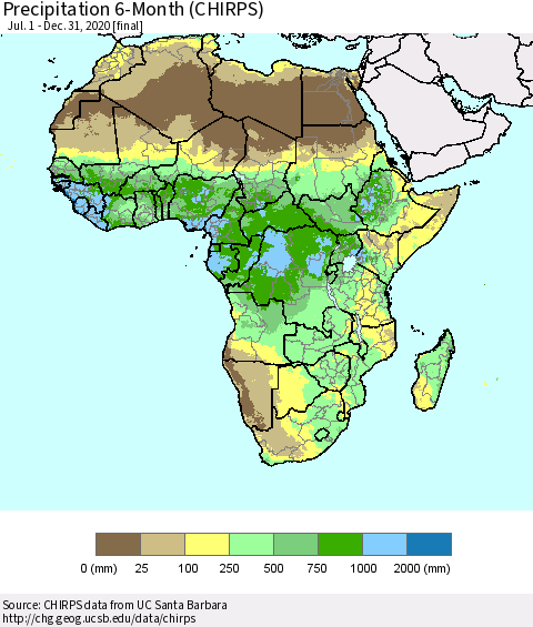 Africa Precipitation 6-Month (CHIRPS) Thematic Map For 7/1/2020 - 12/31/2020