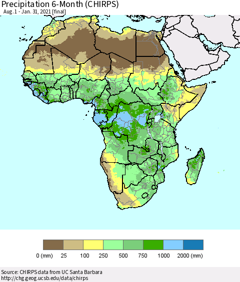 Africa Precipitation 6-Month (CHIRPS) Thematic Map For 8/1/2020 - 1/31/2021