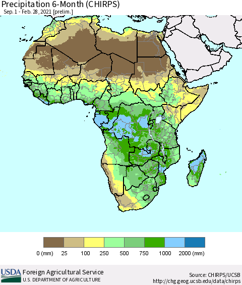 Africa Precipitation 6-Month (CHIRPS) Thematic Map For 9/1/2020 - 2/28/2021