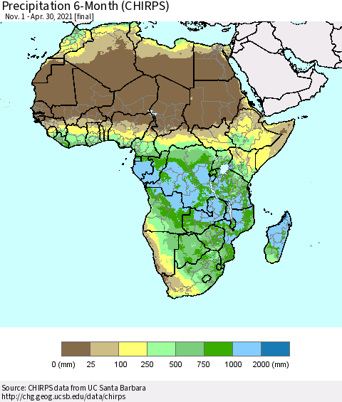 Africa Precipitation 6-Month (CHIRPS) Thematic Map For 11/1/2020 - 4/30/2021