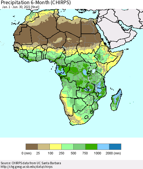 Africa Precipitation 6-Month (CHIRPS) Thematic Map For 1/1/2021 - 6/30/2021