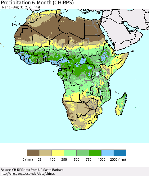 Africa Precipitation 6-Month (CHIRPS) Thematic Map For 3/1/2021 - 8/31/2021