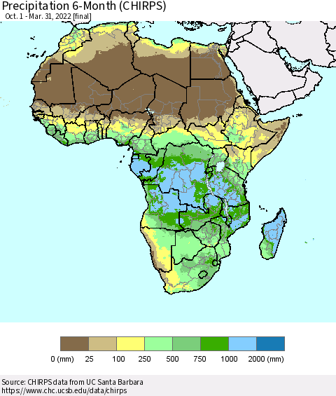 Africa Precipitation 6-Month (CHIRPS) Thematic Map For 10/1/2021 - 3/31/2022