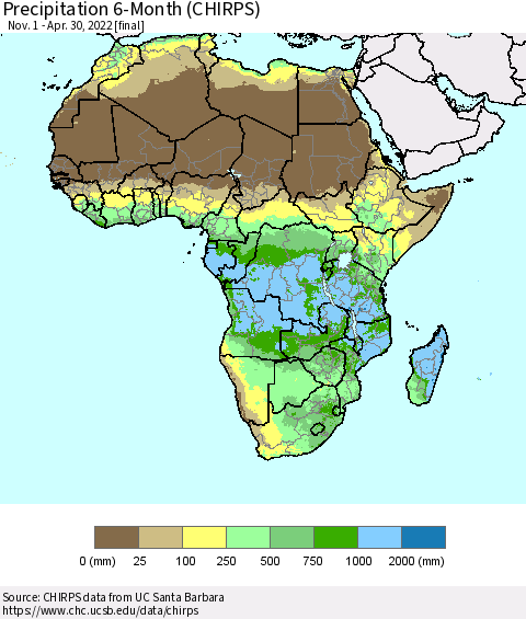 Africa Precipitation 6-Month (CHIRPS) Thematic Map For 11/1/2021 - 4/30/2022