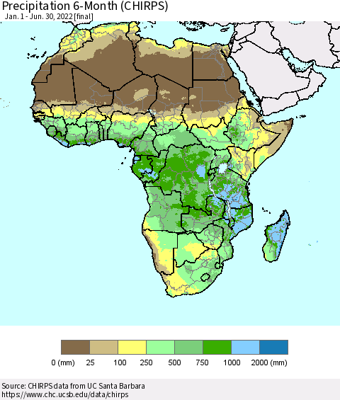Africa Precipitation 6-Month (CHIRPS) Thematic Map For 1/1/2022 - 6/30/2022