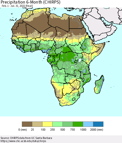 Africa Precipitation 6-Month (CHIRPS) Thematic Map For 2/1/2022 - 7/31/2022