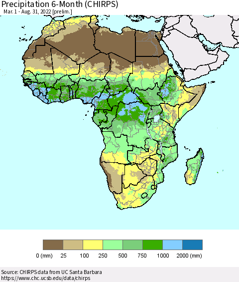 Africa Precipitation 6-Month (CHIRPS) Thematic Map For 3/1/2022 - 8/31/2022