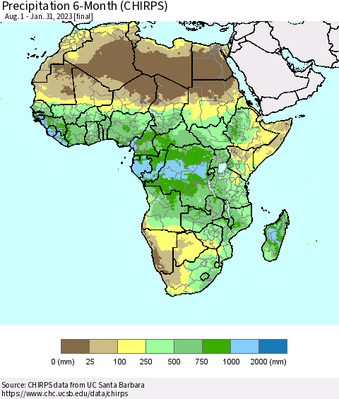 Africa Precipitation 6-Month (CHIRPS) Thematic Map For 8/1/2022 - 1/31/2023