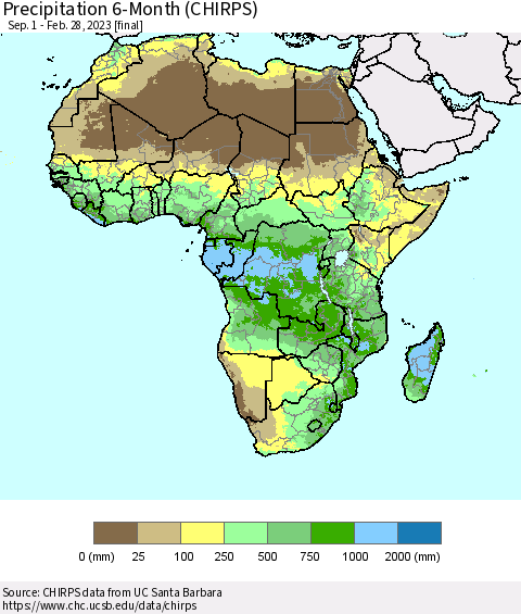 Africa Precipitation 6-Month (CHIRPS) Thematic Map For 9/1/2022 - 2/28/2023